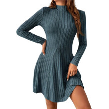 Womens Long Sleeve Sweater Dress Bodycon Crew Neck 2025 Fall Slimming Knit Dresses Sea XS