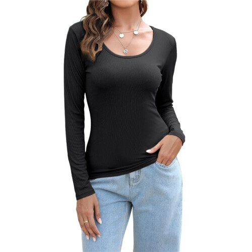 Women'S Solid Plain Scoop Neck Tight Slim Fit Basic Base T Shirt Black M