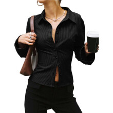 Women'S Button Down Shirts Striped Long Sleeve Collared Casual Work Blouses Tops Trendy Outfits Black XXL