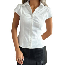 Women'S Ruched Button Blouses Collar V Neck Short Sleeve Work Shirts White M