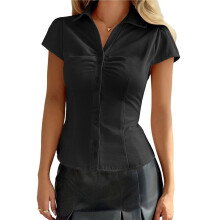 Women'S Ruched Button Blouses Collar V Neck Short Sleeve Work Shirts Black XL
