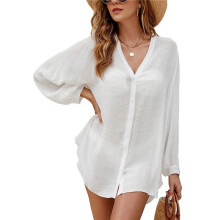 Button Down Swim Cover Shirt Long Sleeve Beach Blouse Bathing Suit Cover Ups for Women White L