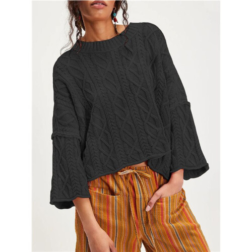 Womens Cable Knit Cropped Sweaters Oversized 3/4 Sleeve Crew Neck Fall Casual Pullover Tops Black M 2