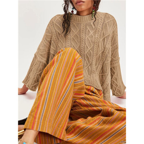 Womens Cable Knit Cropped Sweaters Oversized 3/4 Sleeve Crew Neck Fall Casual Pullover Tops Khaki L 1