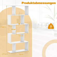 5-laags S-vormige boekenplank met anti-kantelfunctie, wit