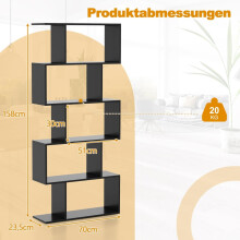 5-laags S-vormige boekenplank met anti-kantelfunctie, zwart