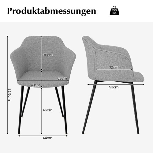 Set van 2 eetkamerstoelen, lichtgrijs, met ergonomische rugleuning.