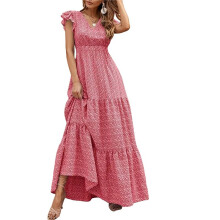 Women'S 2025 Summer Dress V-Neck Cap Sleeve High Waist Floral Tiered Ruffle A Long Maxi Dresses Red M