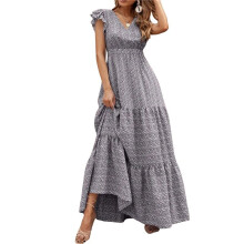 Women'S 2025 Summer Dress V-Neck Cap Sleeve High Waist Floral Tiered Ruffle A Long Maxi Dresses Grey M