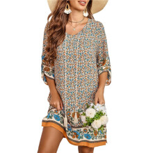 Women Casual Beach Summer Boho Tassel Tie Neck 3/4 Long Sleeve Short Floral Print Cover Sundresses Apricot M