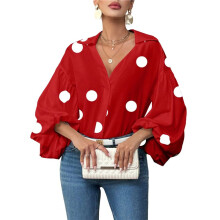 Women'S French Polka Dot Half-Open Collar Loose Bubble Long Sleeve Top Red Polka Dots S