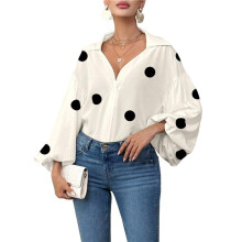 Women'S French Polka Dot Half-Open Collar Loose Bubble Long Sleeve Top Apricot XXL