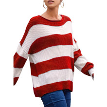 Dames Gestreepte Gebreide Trui Ronde Hals Herfst Winter Trui Lange Mouw Kleurblok Trui Rood XL