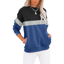 Dames Casual Lange Mouwen Kleur Blok Tops Ronde Hals Sweatshirts Leuke Losse Fit Trui met Zakken Marineblauw XXL