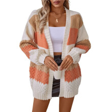 Dames Color Block Open Front Lange Mouwen Geribbelde Mid-Lengte Cardigan Truien Oranje Kleur XL