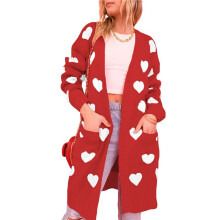Dames Schattige Hart Lange Cardigan Trui V-Hals Open Voorkant Geribbelde Gebreide Trui Jassen met Zakken Rood XL