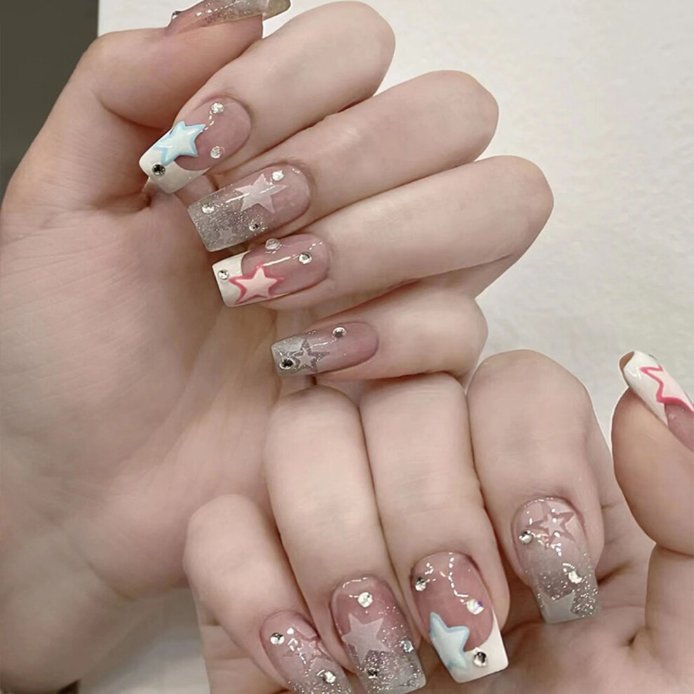 Zhouq-Outdoors Glossy Pink Press-On Nails With Glitter, Easy Stick