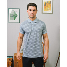 (S, Dusky Blue) Lambretta Mens Geo Roundel All Over Pattern Short Sleeve Cotton Polo Shirt Top