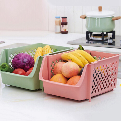2X Stackable Plastic Basket Kitchen Storage Basket Fruit & Vegetable Plastic Storage Basket Plastic Storage Rack(Beige) 2