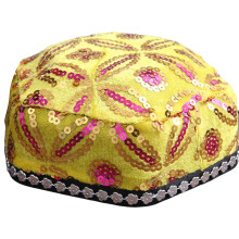 Fashionable Polyester Beaded Beret Cap Folk Art Design-Yellow