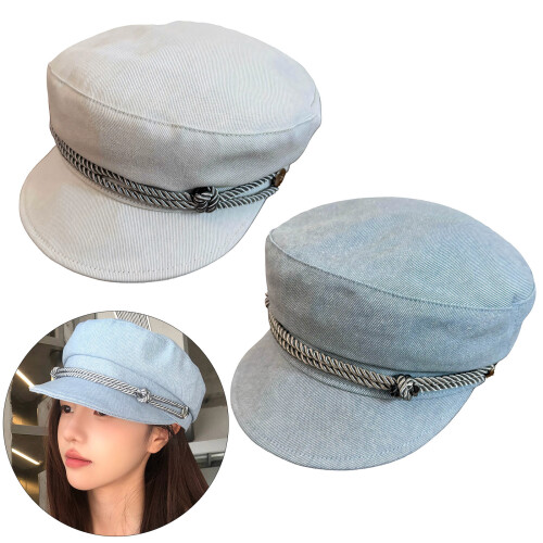 Lightweight Cotton Polyester Flat Top Hat Women-Blue white 2