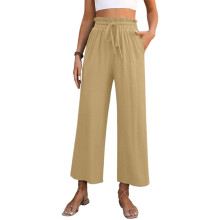 Cropped damesbroek met wijde pijpen, wijd uitlopend en-Kaki L