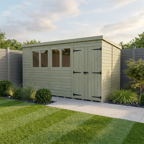 14 x 8 Pent Shed Tanalised (Double Door, With Windows)