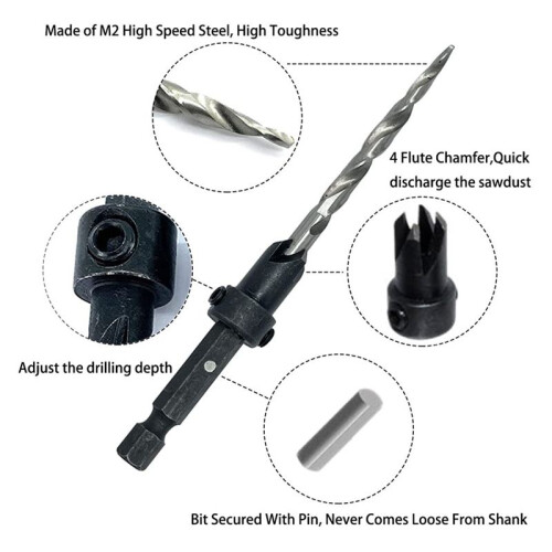 5Pcs Wood Countersink Drill Bit Set with 2Pcs Counter Sinker Replacement Tapered Drill Bit for Drilling  Hole