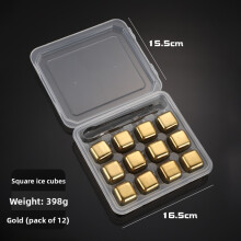 (12pack Gold )Metal Reusable Whiskey Stones Stainless Steel Waterless Chilling Stones With Ice Tongs Box Storage
