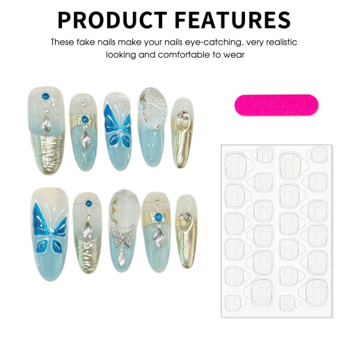 (XS) Butterfly Print False Nails - Natural Edge