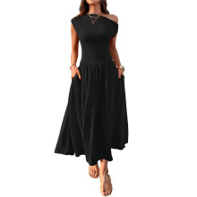 Women'S Summer 2025 Sleeveless Maxi Dress One Shoulder Casual Slim Swing Pleated Formal Dresses with Pockets Black S