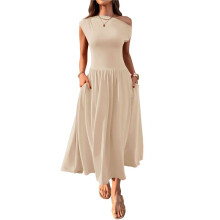 Women'S Summer 2025 Sleeveless Maxi Dress One Shoulder Casual Slim Swing Pleated Formal Dresses with Pockets Apricot M