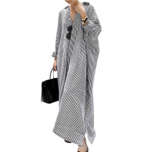 Women'S Casual Long Sleeve Button Down Loose Striped Maxi Shirt Dress Black L