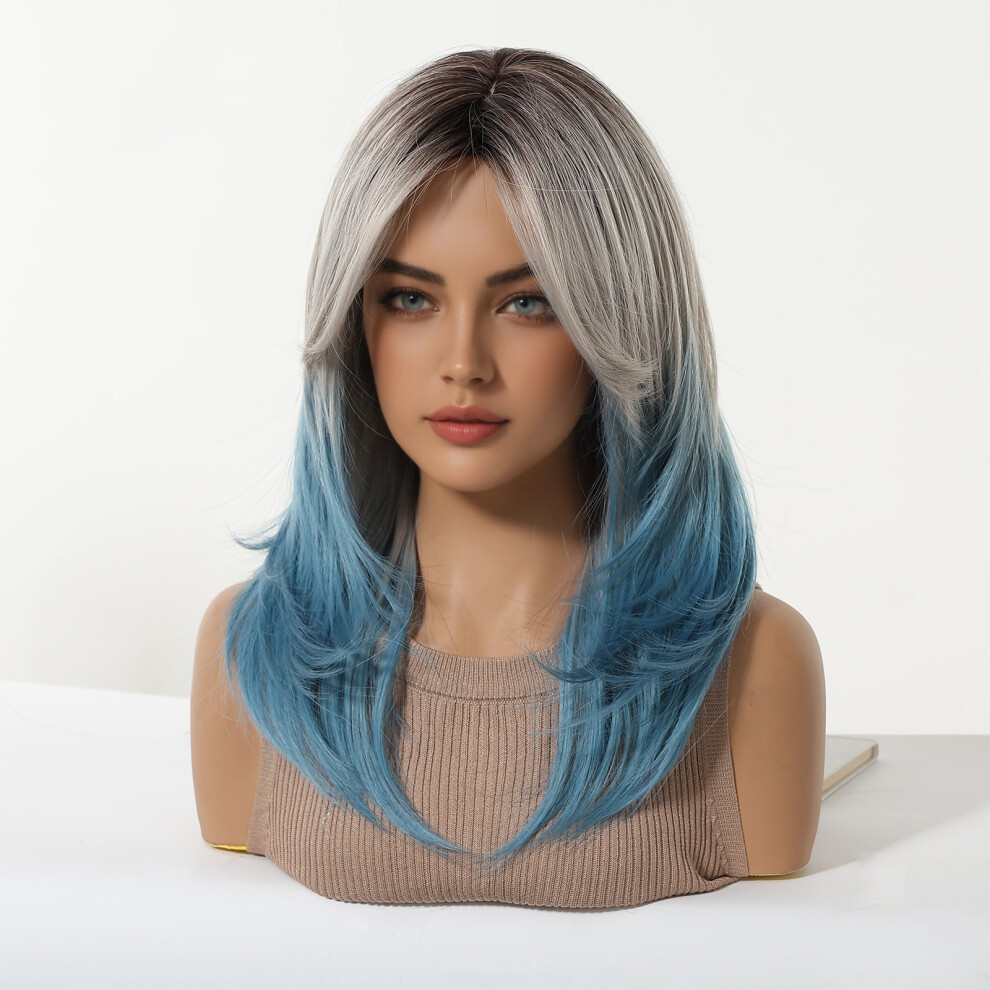 Phui-Pet-Supplies Blue Gradient Synthetic Wig For Women - Curly & Layered
