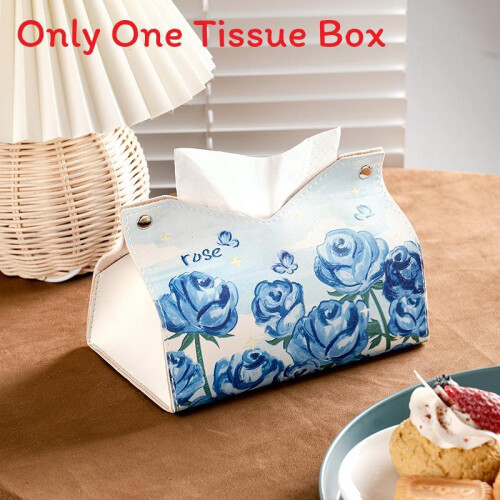 (Blue)Contemporary Leather Tissue Organizer For Home And Car Features Multifunctional