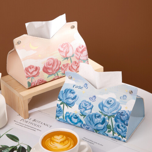 (Blue)Contemporary Leather Tissue Organizer For Home And Car Features Multifunctional 2