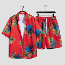 (Style F,M)Combo de camisa e shorts havaianos verão com tecido de poliéster visual casual verão
