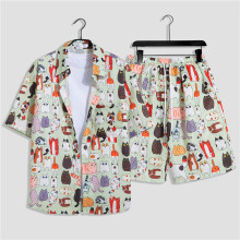 (Style B,M)Combinaison chemise et short hawaïen été avec tissu polyester look décontracté été