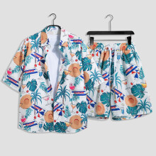 (Style E,L)Sommer Hawaii Hemd und Shorts Kombi mit Polyester Stoff Freizeit Sommer Look