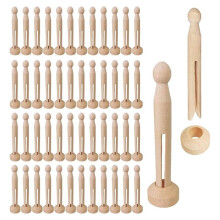 50 Sets Unfinished Wood Doll Pins Doll Clothespins Wooden Round Peg Wood Clothespins and Stands Supplies