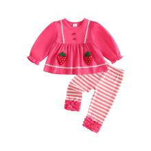(3-4 Years, Pink) Toddler Girl Fall Outfit Strawberry Long Sleeve Babydoll Tops &Stripe Pants