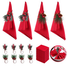 24 PCS Christmas Napkin Rings Set with Red Washable Cloth Napkins, Pine Cone Design for Holiday Dining