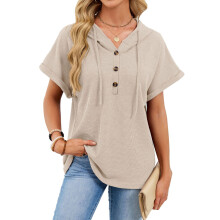 Gebreid T-shirt voor dames, sweatshirt met korte mouwen,-Beige M