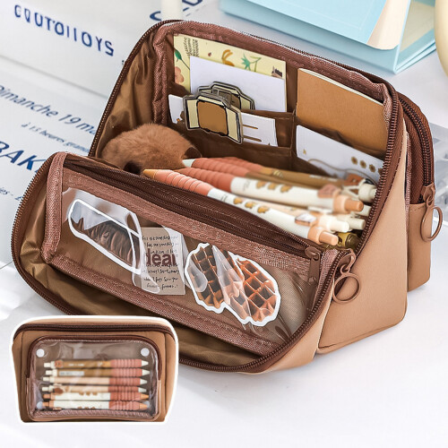 (Coffee) 9-Pocket Pencil Case for School & Office