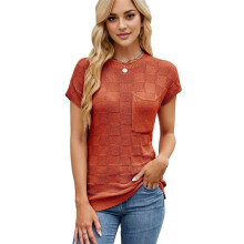 Tops de Manga Curta Femininos de Verão, Suéter Casual de Malha com Manga Curta e Camisas Soltas Alaranjado Vermelho XL