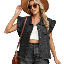 Damen Jeansweste mit Knopfleiste und Holzmanschetten, Einfarbig und Leopardenmuster, Lässig-Schick, mit Klapptaschen, Oberbekleidung Schwarz Grau S
