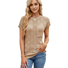 Tops de Manga Curta Femininos de Verão, Suéter Casual de Malha com Manga Curta e Camisas Soltas Cáqui XL