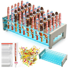 Pretzel Rod Holder Kit, 50 Holes Pretzel Stick Stand with 100Pcs 2x9 Inches Clear Rod Bags and 50 Cute Butterfly Ties