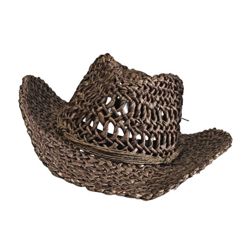 Adjustable Cornhusk Straw Sun Hat For Women Openwork-Coffee
