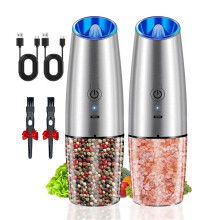 2ST Elektrisk Salt- och Pepparkvarnsats USB-Laddningsbar med LED-Ljus Automatiska Kryddkvarnar Rostfritt Stål